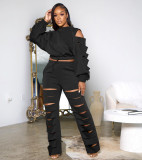 Women Casual Ripped Long Sleeve Top+ Pants Two Piece Set