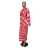 Plus Size Women Autumn Turndown Collar Striped Long Sleeve Dress