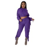 Women Winter Crop Hoodies And Tassel Pant Two-Piece Outfit
