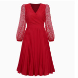 Women Sexy V-Neck Lace Pleated Dress