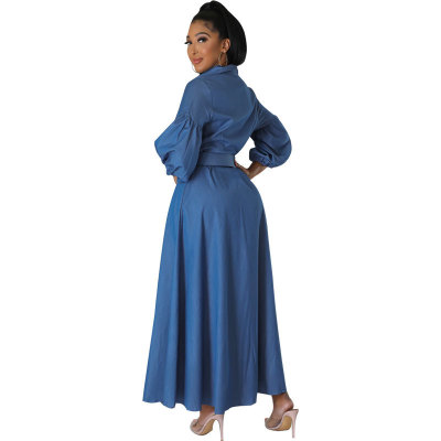 Women Fall Blue Long Sleeved Denim Shirt Dress
