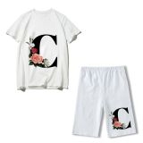 Women Letter Print Short Sleeve Top + Shorts Two Piece