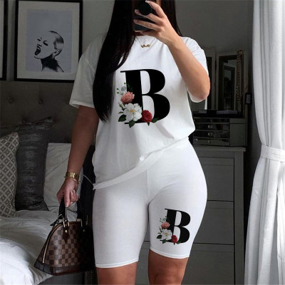 Women Letter Print Short Sleeve Top + Shorts Two Piece