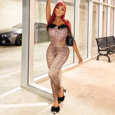 Women Autumn Fur Leopard Print Crop Top And Pant Two-Piece Set