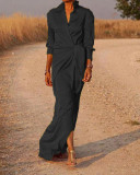 Fall Women Lace-Up Slit Long-Sleeved Turndown Collar Dresses