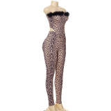 Women Autumn Fur Leopard Print Crop Top And Pant Two-Piece Set
