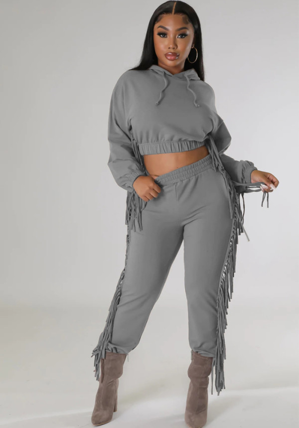 Women Winter Crop Hoodies And Tassel Pant Two-Piece Outfit