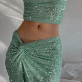 Women Fall Sequined Halter Tank Top And Split Skirt Two-Piece