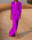 Fall Women Lace-Up Slit Long-Sleeved Turndown Collar Dresses