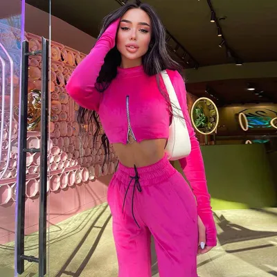 Women Fall High Collar Zipper Long Sleeve Crop Top+ Pant Two-Piece