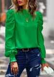 Women Casual Puffed Sleeves Solid Color Shirt