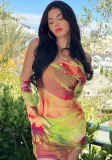 Women Fall Sexy Long Sleeve Tie Dye Print Suspenders Bodycon Dress