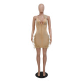 Women's Sexy Feather V-Neck Slim Short Dress Strap Dress
