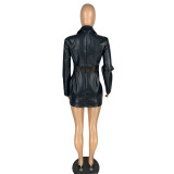 Women's Flocking Leather + Mesh Patchwork Leather Dress Long Sleeve Leather Dress