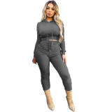 Women's Fall/Winter Fashion Basic Pants Solid Ribbed Casual Hooded Long Sleeve Set