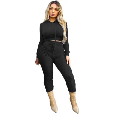 Women's Fall/Winter Fashion Basic Pants Solid Ribbed Casual Hooded Long Sleeve Set