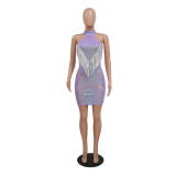 Sequin Halter Neck tassel A-line Bodycon Dress nightclub high-end sexy topless women's clothing