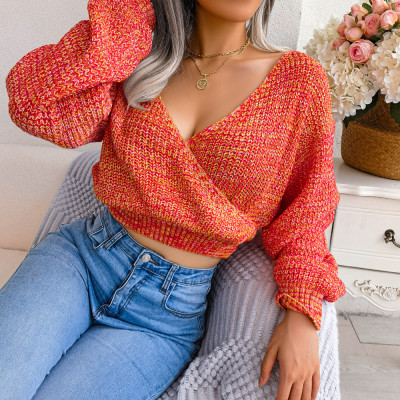 Autumn/Winter Multi-Color Crossover V-Neck Balloon Sleeve Crop Sweater