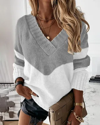 Fall Knitting Shirt V-Neck Patchwork Contrast Color Long Sleeve Knitting Women's Top