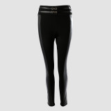 Women's Black pu Patchwork Waist Lace-Up Tight Fitting Pants