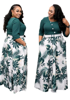 African Plus Size Women's Maxi Dress Casual Women's Knitting Round Neck A-Line Dress