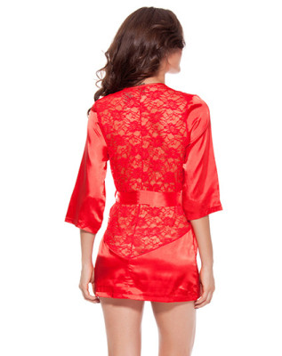 Satin Robe Lingerie Kimono Half Sleeve Plus Size Lace Pajamas Silk Belt Robe Bathrobe