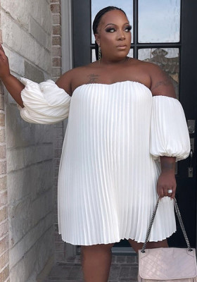Sexy Off Shoulder Puff Sleeve Pleated Plus Size Dress Women