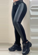 Women's Black pu Patchwork Waist Lace-Up Tight Fitting Pants