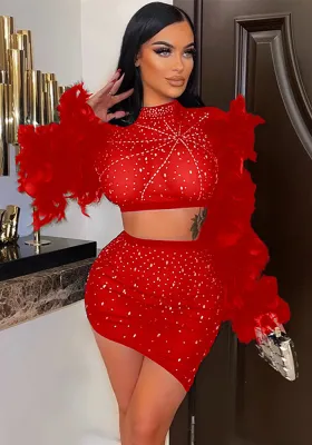 Round Neck Feather Sleeve Beaded Cropped Top Over Irregular Skirt Two Piece Women