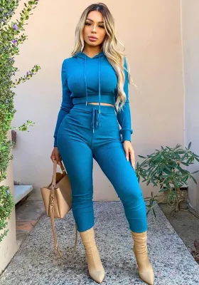 Women's Fall/Winter Fashion Basic Pants Solid Ribbed Casual Hooded Long Sleeve Set