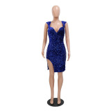 Sexy Sling V-Neck Slit Sequin Party Bodycon Tight Fitting Dress