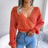 Autumn/Winter Multi-Color Crossover V-Neck Balloon Sleeve Crop Sweater