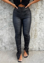 Women's Fall/Winter Pleated Tight Fitting Versatile High Stretch Pu Leather Women's Casual Pants