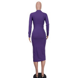 Women'S Solid Round Neck Cutout Long Sleeve Ribbed Dress