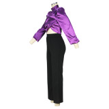 Women'S Autumn And Winter High Neck Puff Sleeves Top Wide Leg Pants Two Piece Set