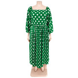Plus Size Women'S Polka Dot Print Long Sleeve Pleated Dress With Belt