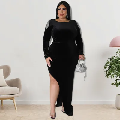 Plus Size Women'S Solid Velvet Tassels Long Sleeve Back Cutout Long Dress
