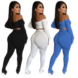 Women'S Fall/Winter Solidl Off Shoulder Crop Top High Waist Ribbed Pants Sexy Two Piece Set