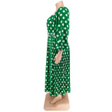 Plus Size Women'S Polka Dot Print Long Sleeve Pleated Dress With Belt