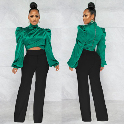 Women'S Autumn And Winter High Neck Puff Sleeves Top Wide Leg Pants Two Piece Set