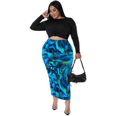 Plus Size Women'S Fall Long Sleeve Top Sexy Slim Fitted Long Skirt Fashion Two Piece Set