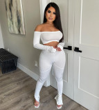 Women'S Fall/Winter Solidl Off Shoulder Crop Top High Waist Ribbed Pants Sexy Two Piece Set
