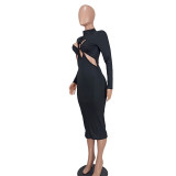 Women'S Solid Round Neck Cutout Long Sleeve Ribbed Dress