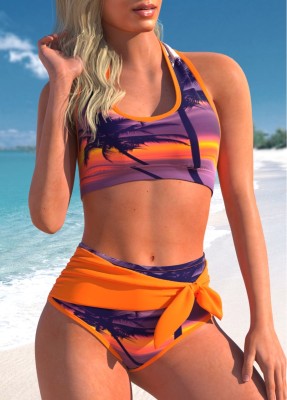 Tankini Women Two Pieces Swimsuit Digital Print High Waist Tie Plus Size Swimwear