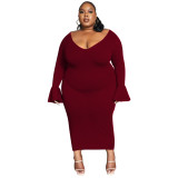 Fashion Sexy Plus Size Women'S Solid Chic V-Neck Fall Bell Bottom Long Sleeves