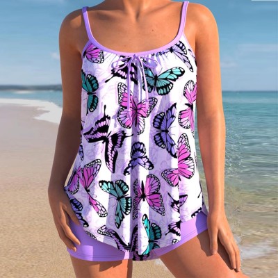 Women Bikini Digital Print High Waist Two Pieces Square Leg Bottoms Swimsuit