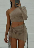 Women Fall One Shoulder Crop Top and Side Drawstring Skirt Two Piece Set