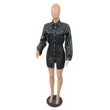 Women Turndown Collar Corset pu Leather Long Sleeve Bodycon Dress