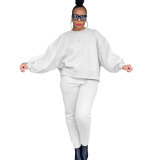 Women Sexy Casual Solid Round Neck Long Sleeve Top and Pant Two Piece Set