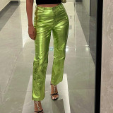 Women pu Leather Pocket Zip Casual Trousers